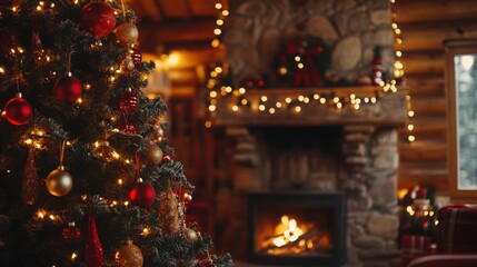 Wooden interior with a Christmas tree decorated with red and gold lights and a stone hearth.