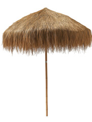 Beach umbrella with straw canopy. Transparent background png.