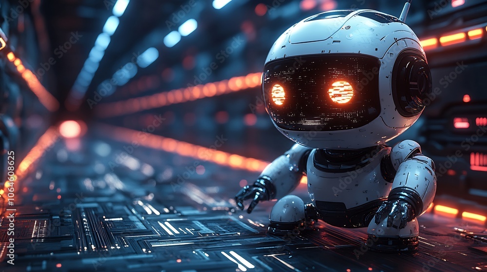 Poster ai security bot patrolling virtual workspace surrounded by digital barriers and scanning for cyber t