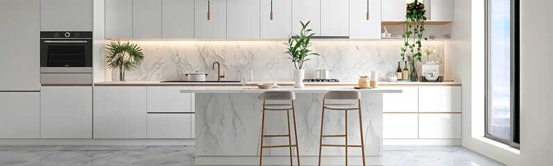 Fototapeta premium Kitchen interior modern home white room bright house design furniture. Wood kitchen interior modern counter background light countertop minimal apartment wall decor luxury contemporary clean empty. 