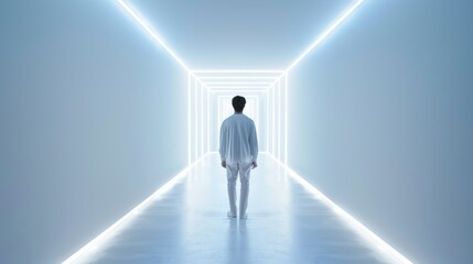 Man back silhouette walking on neon futuristic corridor