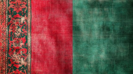 Richly textured fabric featuring vibrant red and green sections, adorned with intricate patterns, evoking a cultural tapestry or traditional textile design.