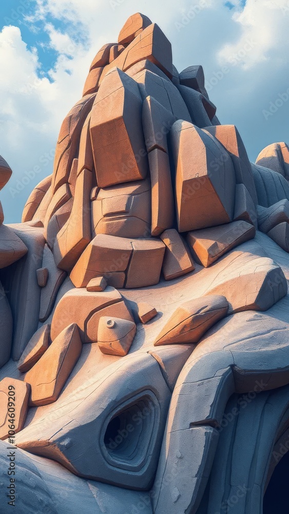 Poster abstract rock formation with geometric patterns under a partly cloudy sky