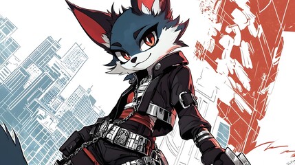 Punk-styled Furry Character in Urban Cityscape with Vibrant Blues and Reds