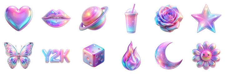 Y2K themed holographic icons isolated on transparent background. Includes heart, lips, planet, drink, rose, star, butterfly, dice, flames, moon, 90s 3D elements in png collection