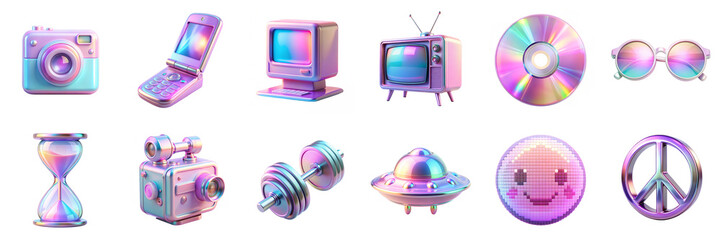 Y2K style holographic icons isolated on transparent background. Retro camera, flip phone, computer, TV, CD, sunglasses, barbell, hourglass, UFO, smiling face, peace 90s 3D elements in png collection