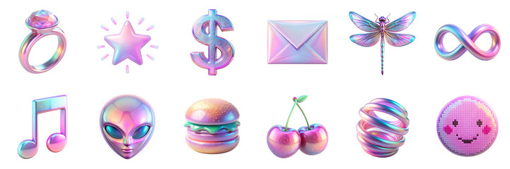 Y2K themed holographic icons isolated on transparent background. Ring, star, dollar sign, envelope, dragonfly, infinity symbol, music note, alien face, burger 90s 3D elements in png collection