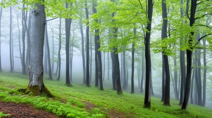 Misty forest trees with green leaves, a serene and atmospheric natural landscape enveloped in fog