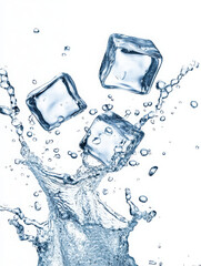 Ice cubes splashing into water, creating dynamic movement and refreshing imagery.