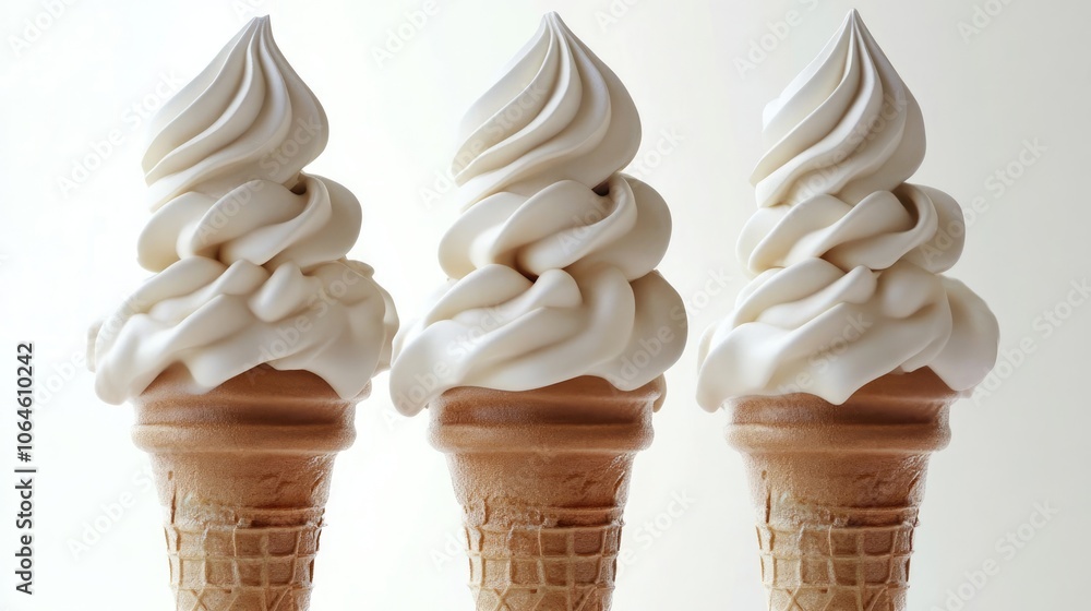 Poster three delicious ice cream cones with soft serve swirls on a sunny day generative ai