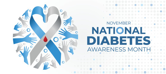November, National diabetes awareness month - Blue and gray ribbon heart shape with red blood drop pin in hands and rings symbol around to circle shape on dot texture background vector design