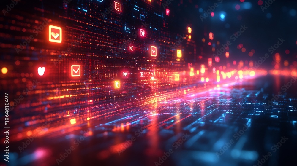 Poster abstract representation of social media data streams secured digital shields with icons for likes sh