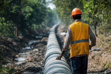 A construction worker inspects a long pipeline in a rural setting.