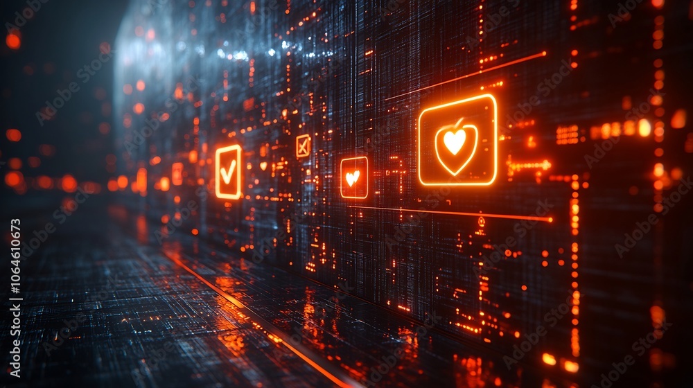 Poster abstract representation of social media data streams secured digital shields with icons for likes sh