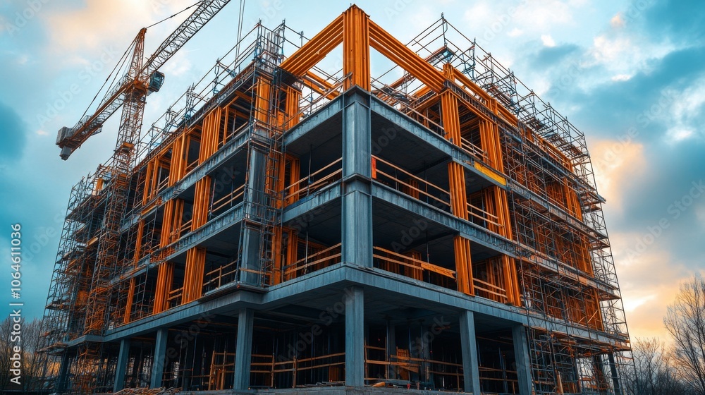 Fototapete a multi-story commercial building is in the process of construction, featuring scaffolding and crane