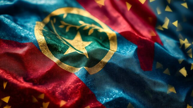 Eritrean flag waving, vibrant colors of red, green, and blue, with prominent gold emblem symbolizing unity and national pride, representing Eritreas identity and heritage