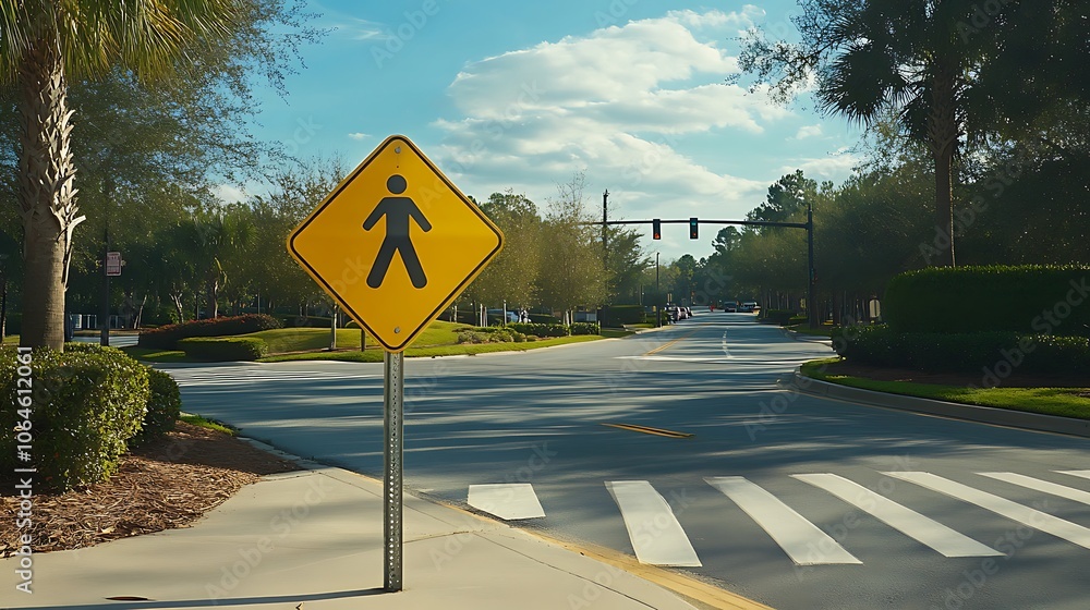 Wall mural A pedestrian crossing sign on a sunny day near a tree-lined street in a suburban area inviting safe walking