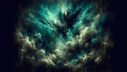 Fototapeta premium Green blue clouds, grunge dark smoke texture, black haunted background for horror. Generative AI.