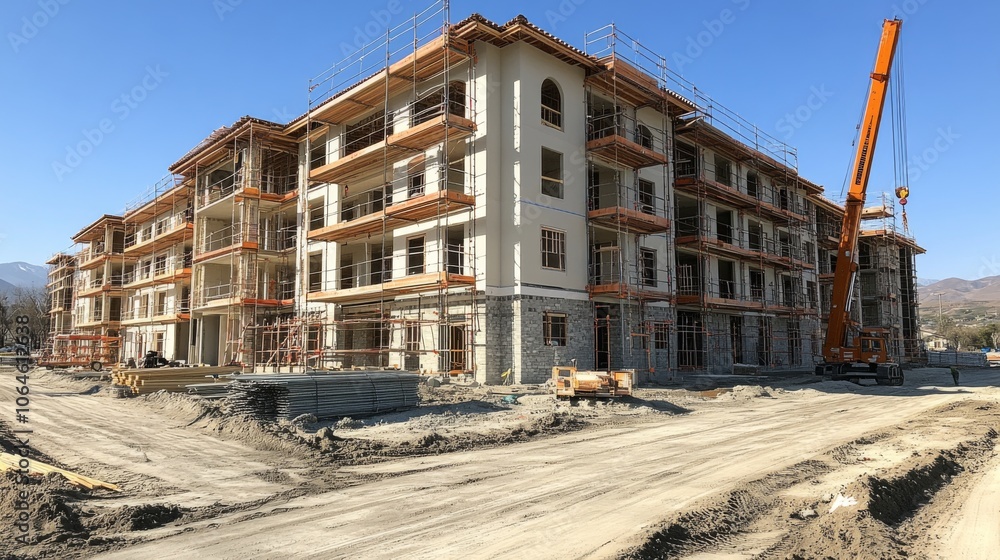 Aufkleber workers are busy at a construction site where a large multi-story building is being erected, featuri