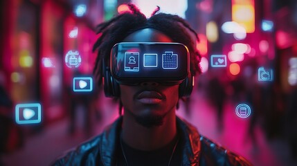 Young adult wearing VR goggles surrounded floating social icons and security symbols representing protected virtual social interactions