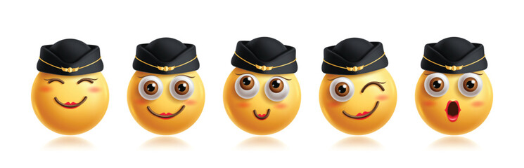 Emoji steward emoticon characters vector set. Emojis 3d flight attendant character profession in happy, friendly, naughty, silly, shocked and smiling facial expression emoticons woman elements 