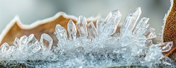 A close-up of frost crystals adorning a leaf, showcasing intricate ice formations in a stunning, delicate display of nature.