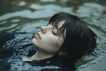 Fototapeta premium A serene portrait of a person floating in water, embodying tranquility and introspection.
