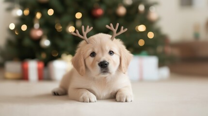 A golden retriever puppy wearing reindeer antlers relaxes in front of a beautifully decorated Christmas tree with presents.