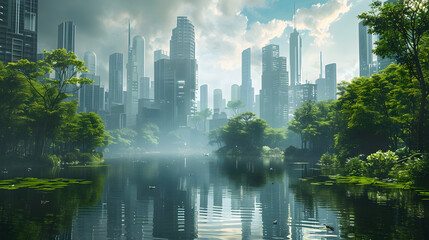 Futuristic city with a skyscrapers and green forest lush