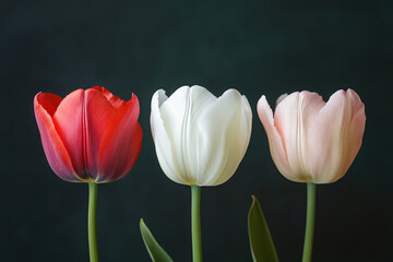 A close-up of three tulips in red, white, and pink against a dark background.