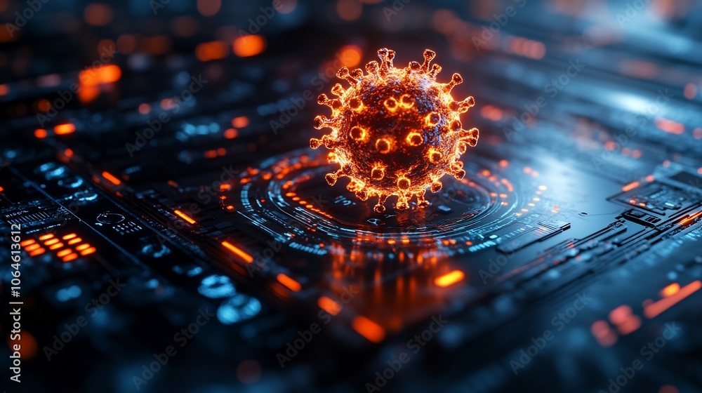 Poster virus symbol spreading corrupted data a digital device representing malware infiltration and cyberse