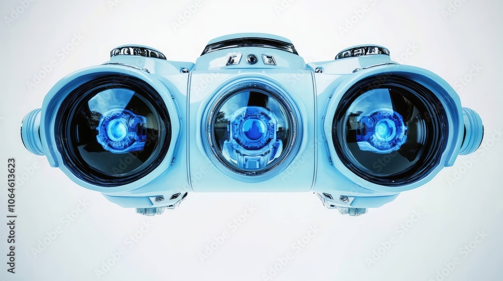 Poster blue robot eyes with advanced optics for enhanced visual experience generative ai