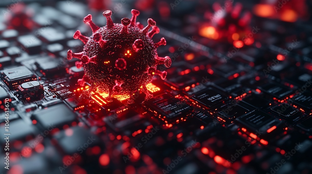 Poster virus icon infiltrating digital device with corrupted code spreading across the screen illustrating 