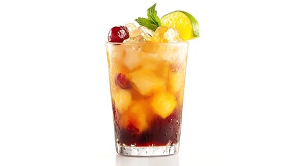 Refreshing tropical drink with ice, fruits, and mint served in a clear glass against a white background