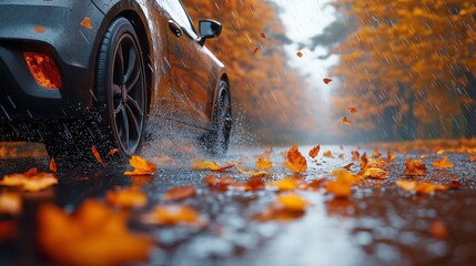 Close-up of a Car Driving on Wet Autumn Road with Falling Leaves, Capturing Motion and Seasonal Rainfall in a Dynamic Nature Setting with Vibrant Orange and Dark Gray Color Palette