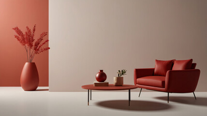 Aesthetic composition of wall building, furniture, decor. Template, minimalist design, commercial