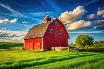 Obraz premium Bright Red Barn Under Clear Blue Sky - Vibrant Farm Scene for Stock Photography