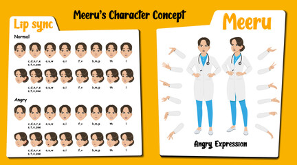 An angry radiologist cartoon character AKA Meeru. Angry face expressions and lip sync. Set of radiologist cartoon with various hand gesture and front and 1/3 standing pose.