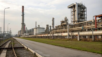 Obraz premium Industrial landscape with exposed pipes and machinery, edgy, gritty