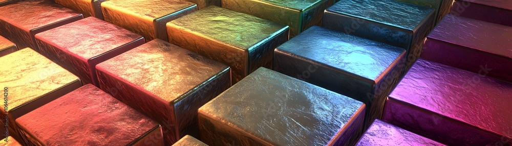 Poster abstract pattern of interlocking metallic cubes with iridescent colors