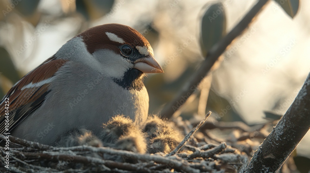 Poster a sparrow sits on a nest with its young in a tree.