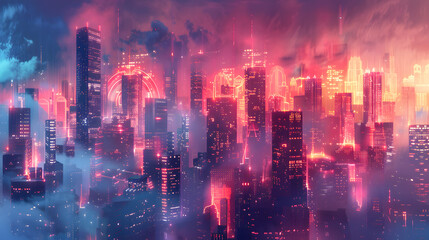 Fototapeta premium Futuristic cityscape with glowing neon lights and dynamic motion blur, themes of future cities, technology, and urban development, wide banner