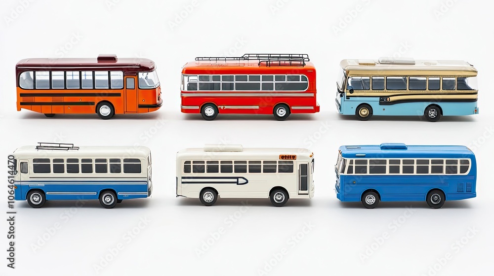 Poster collection of shuttle buses in various colors and designs displayed generative ai