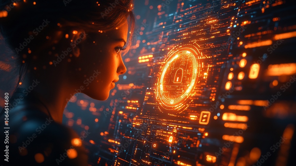 Poster user profile icon surrounded glowing locks and keys depicting privacy settings and protection of per