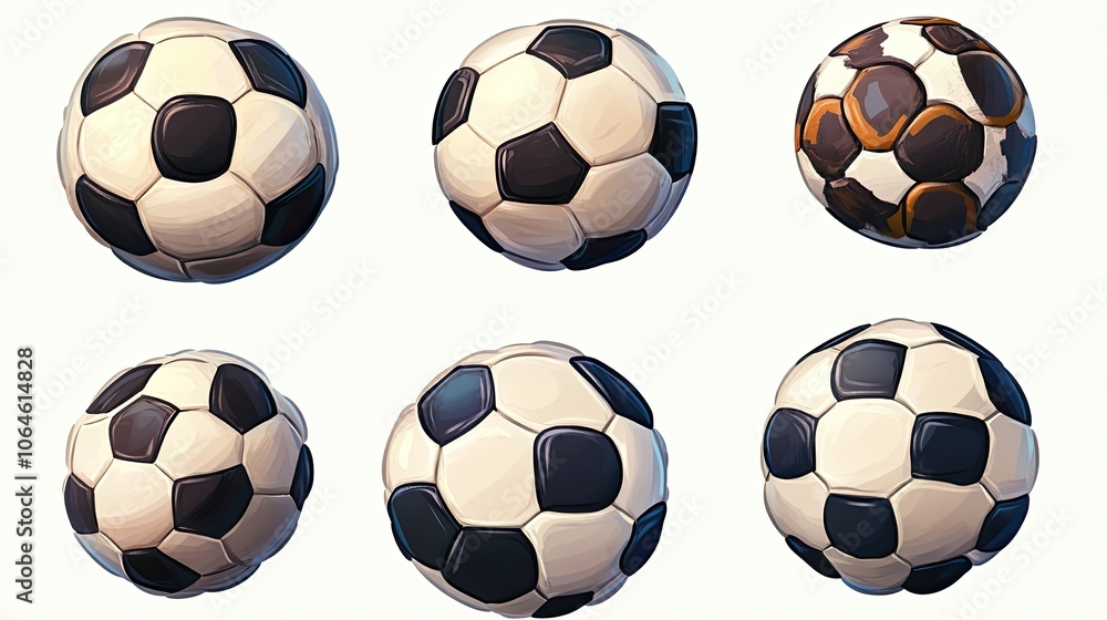 Poster six unique soccer balls with varied designs and patterns generative ai