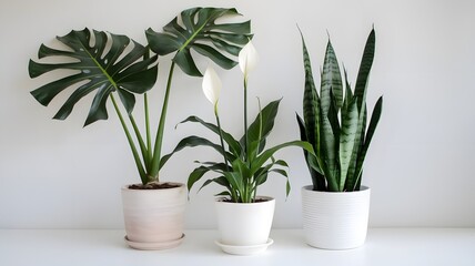Fototapeta premium Nature , Three stunning potted plants—a monstera, a peace lily, and a snake plant—artfully displayed in sleek pots against a bright white background.