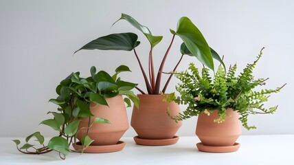 Fototapeta premium Nature , Three popular houseplants—a pothos, a philodendron, and a Chinese evergreen—displayed in stylish clay pots against a bright white background.