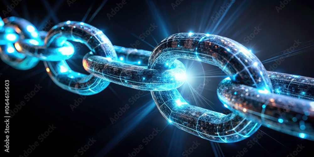 Poster close-up of a futuristic glowing chain link in the dark symbolizing blockchain technology, security,