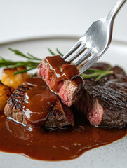 A close-up of a perfectly cooked steak with sauce, garnished with herbs and accompanied by sides.
