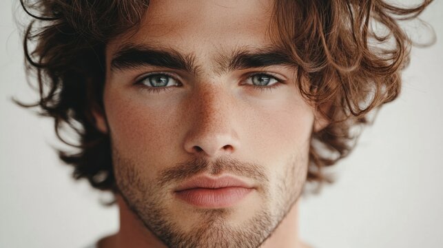 Close-up of a man with big, wavy hair and calm expression on a simple neutral backdrop